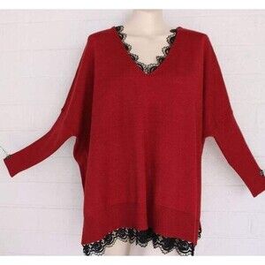 New NWT Chico's S M Red Allure Lace Trimmed V Neck Sweater Poncho